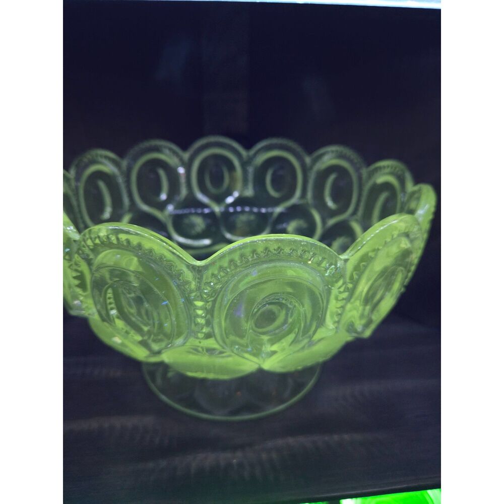Vintage LE Smith Clear Moon and Stars Footed Fruit Bowl UV Glowing